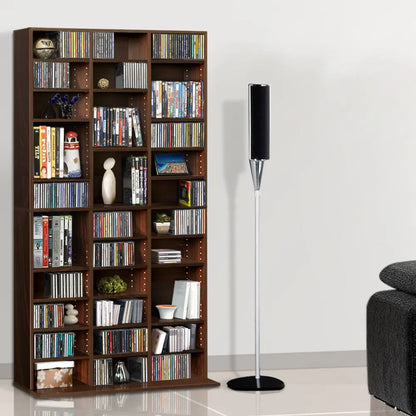 Large brown wood-look adjustable storage shelf for vinyl records gaming collection and book display