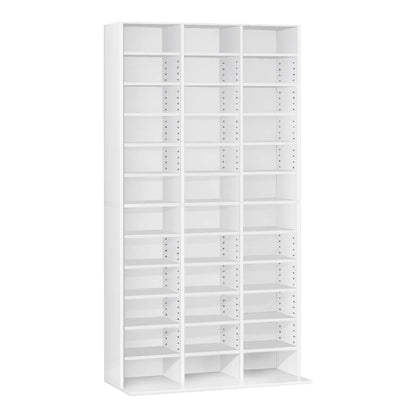 Large white adjustable media storage shelf displaying video game collection and physical media for collectors