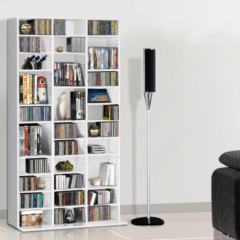 XXL storage shelf with adjustable compartments showing vinyl records and gaming collection organization