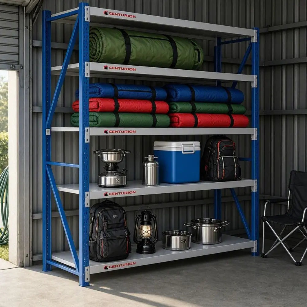 Centurion 1.5m long span shelving loaded with camping gear and workshop equipment 200kg shelf