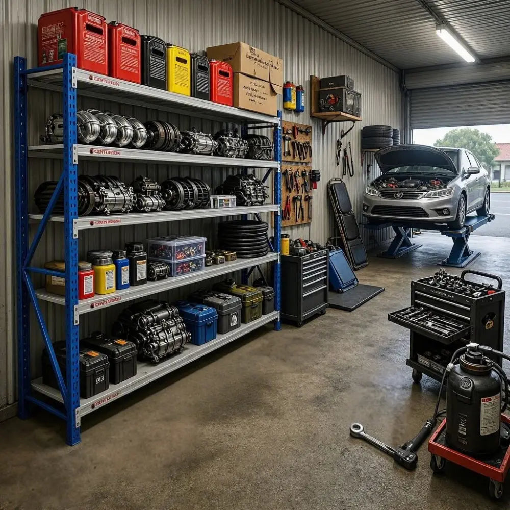 Centurion 4 bay shelving loaded with tools and garage storage boxes