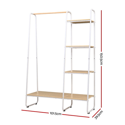 Side view of metal clothes stand with MDF shelves