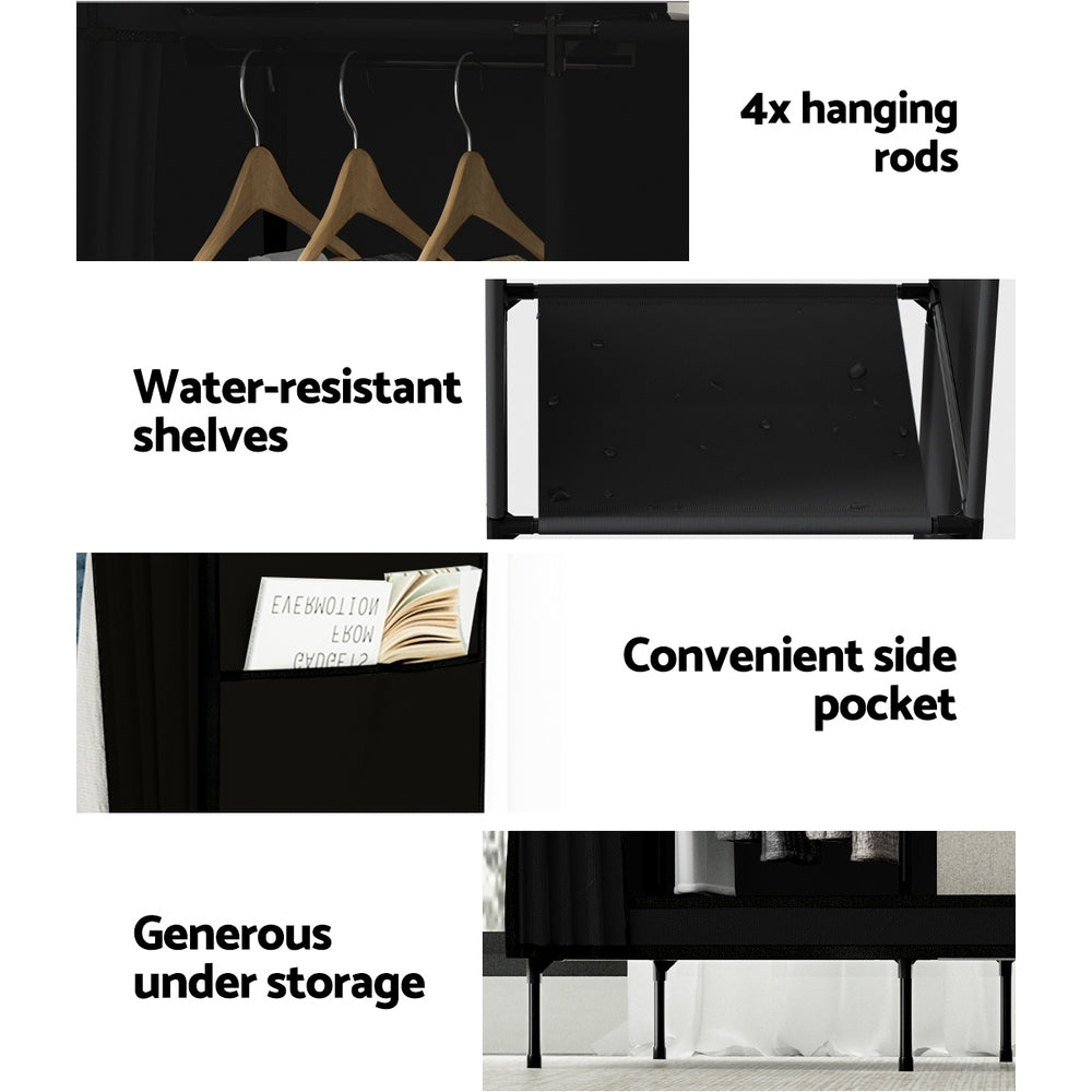 Artiss Portable Clothes Wardrobe – Large Fabric Closet with Hanging Rods & Shelf (Black)