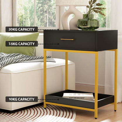 Artiss MASON Bedside Table – Black & Gold Nightstand with Drawer & Shelf | Modern Glam Bedroom Storage