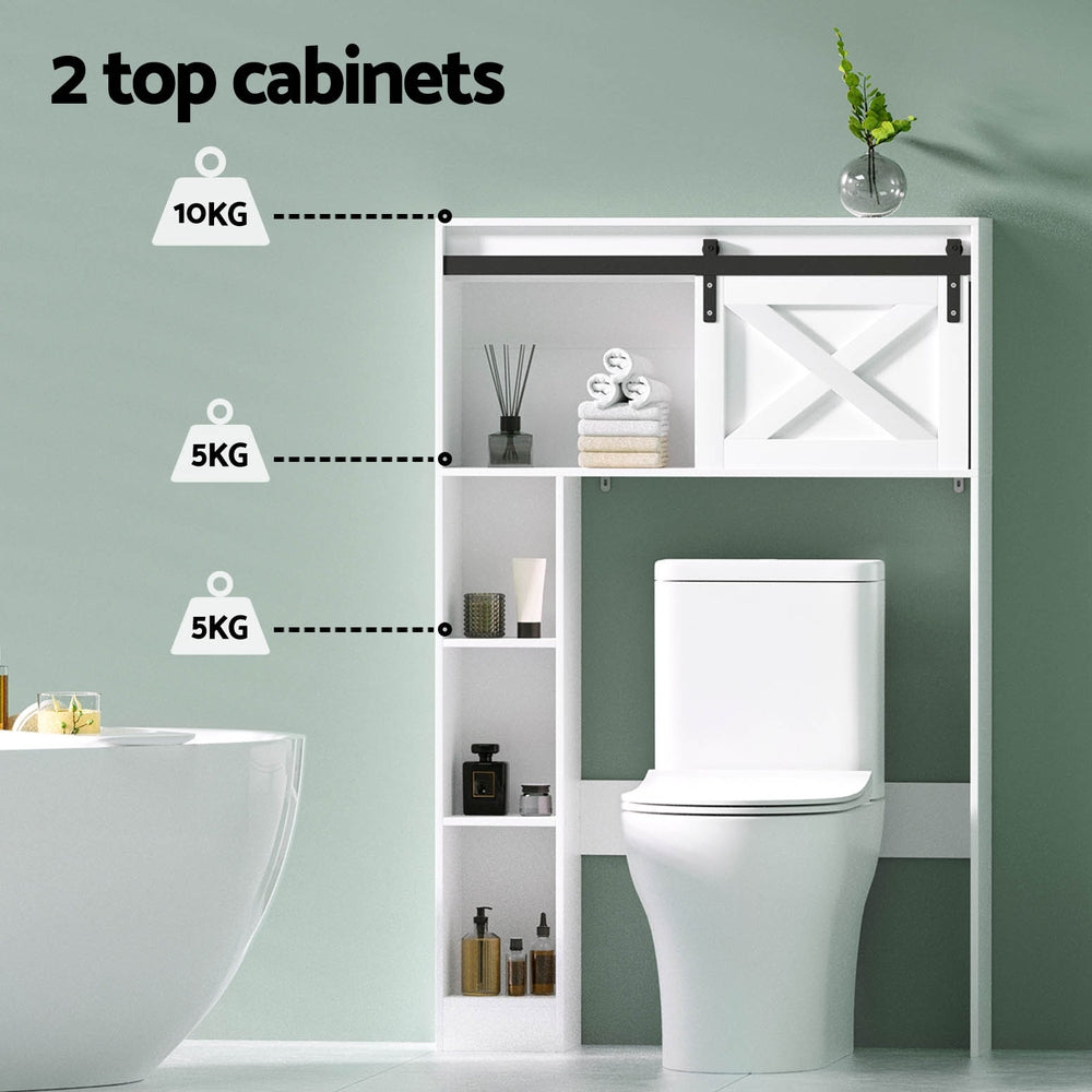 Over Toilet Bathroom Storage Cabinet – Sliding Barn Door Shelf, White & Black (128cm)