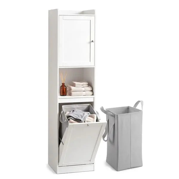 Artiss bathroom cabinet with tilt-out hamper open showing fabric tote