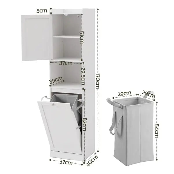 Artiss Tall Bathroom Storage Cabinet with Tilt-Out Laundry Hamper - White, 170cm