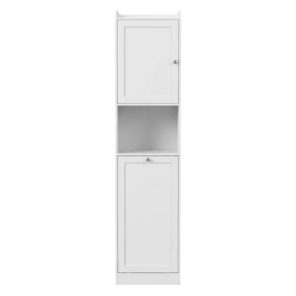 Artiss tall white bathroom storage cabinet with hamper, front view