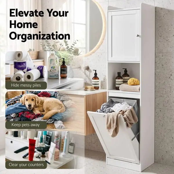 Artiss Tall Bathroom Storage Cabinet with Tilt-Out Laundry Hamper - White, 170cm