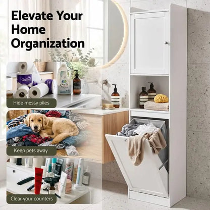 Artiss Tall Bathroom Storage Cabinet with Tilt-Out Laundry Hamper - White, 170cm