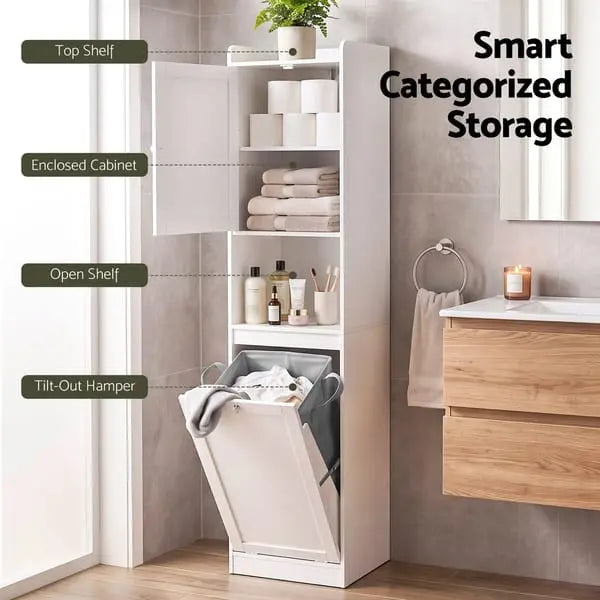 Artiss Tall Bathroom Storage Cabinet with Tilt-Out Laundry Hamper - White, 170cm