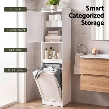 Artiss Tall Bathroom Storage Cabinet with Tilt-Out Laundry Hamper - White, 170cm