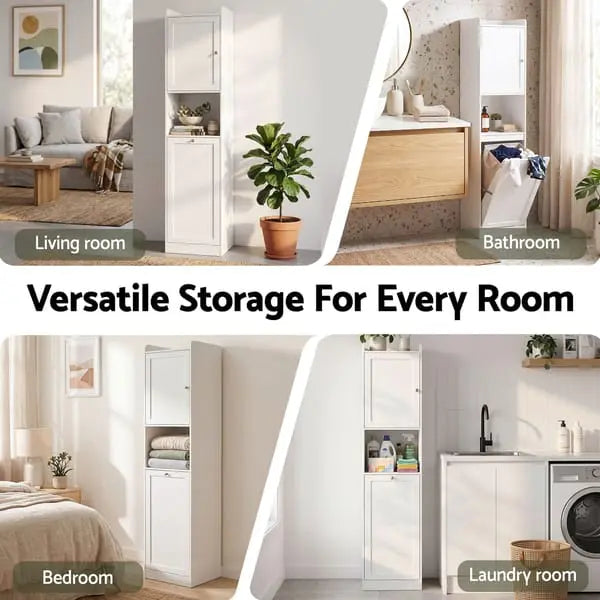 Artiss Tall Bathroom Storage Cabinet with Tilt-Out Laundry Hamper - White, 170cm
