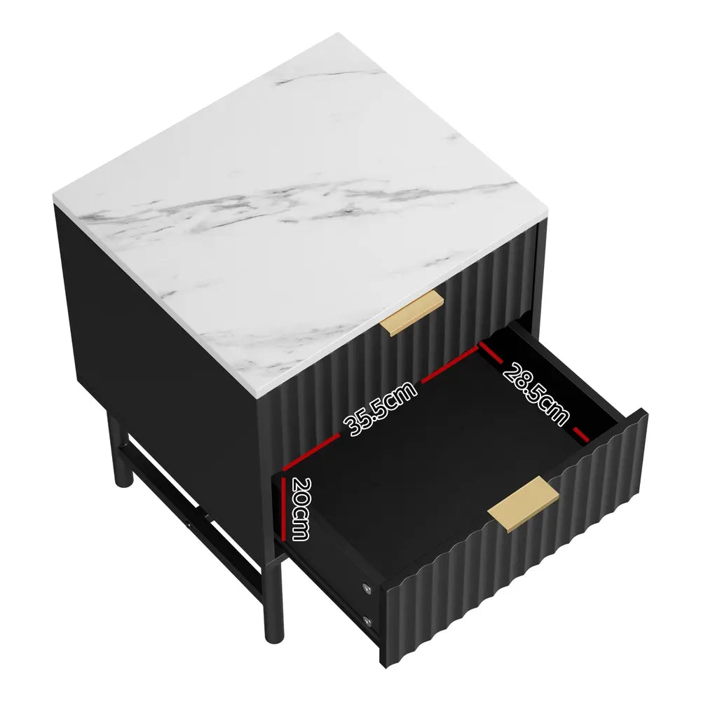 Close-up of smooth-gliding drawer with anti-rust metal runners on black nightstand