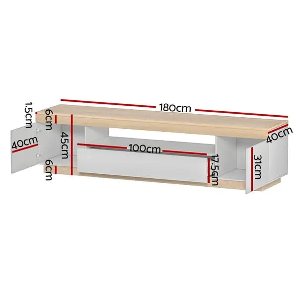 Artiss Lior 180cm entertainment unit with 65 inch TV showing proportional fit in living room setting