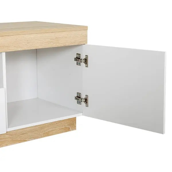 Artiss Lior entertainment unit cabinet doors open showing adjustable interior shelves storage zones and drawer