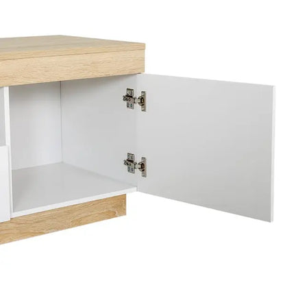 Artiss Lior entertainment unit cabinet doors open showing adjustable interior shelves storage zones and drawer