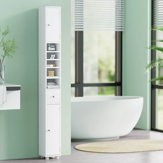 Ultra slim bathroom cabinet 20cm wide fitting beside toilet showing space saving vertical storage solution