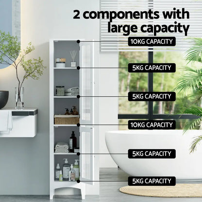 Bathroom cabinet interior showing 5 adjustable shelves storing towels toiletries organized bathroom storage system