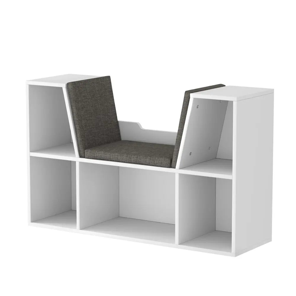 White kids bookshelf with built-in storage seat and cushion for reading nook and toy organization