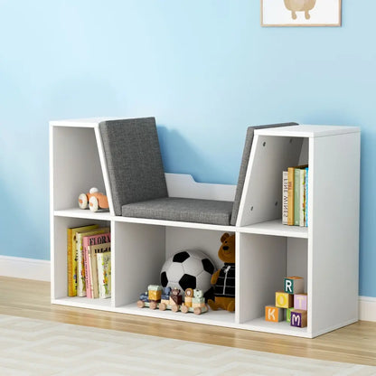 Kids bookcase storage compartments filled with books games and educational toys