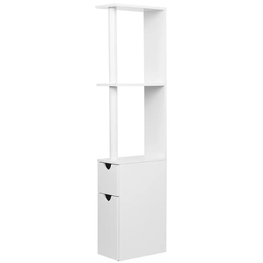 White 118cm tall bathroom storage cabinet with cupboards and shelves