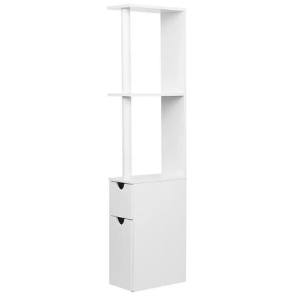 White 118cm tall bathroom storage cabinet with cupboards and shelves