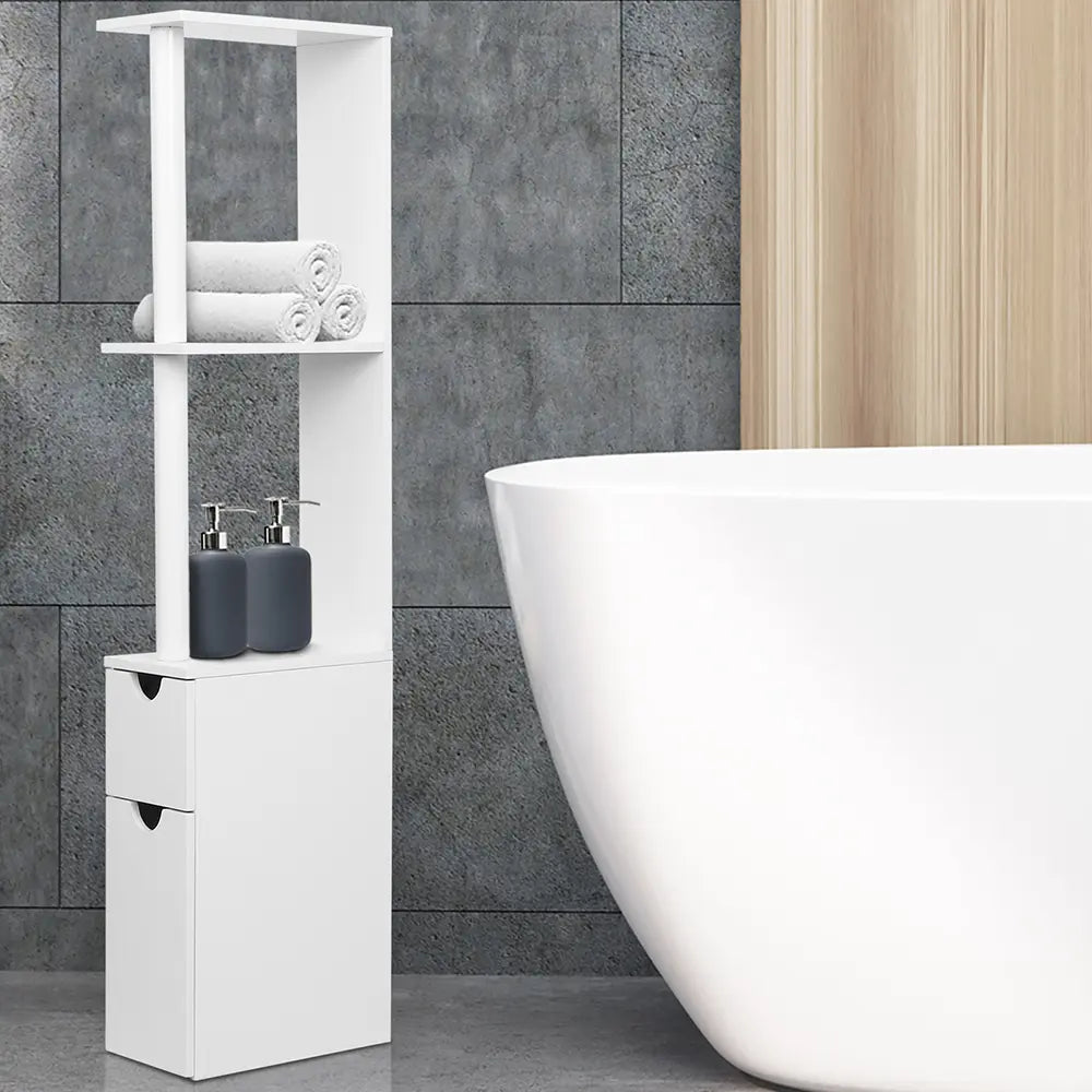 Slim white storage cabinet in small Australian bathroom saving space