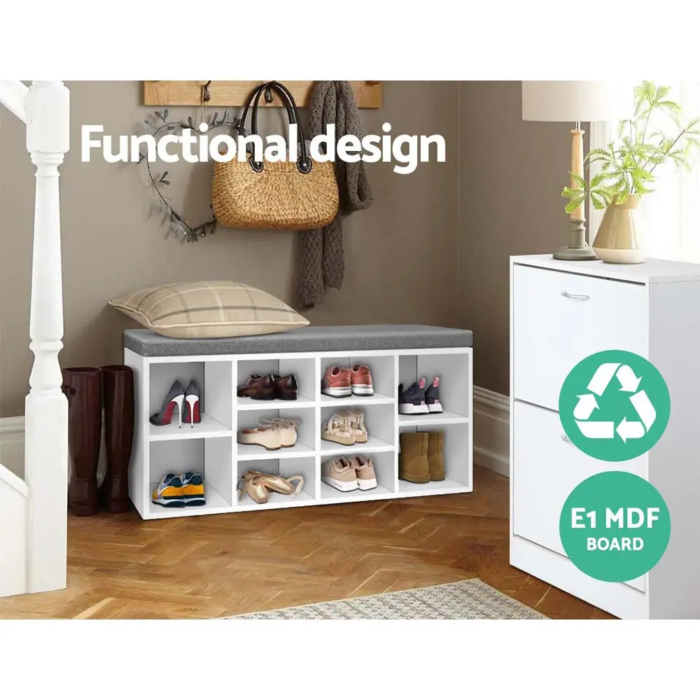 Shoe storage compartments showing different footwear sizes from toddler shoes to adult boots fitting comfortably