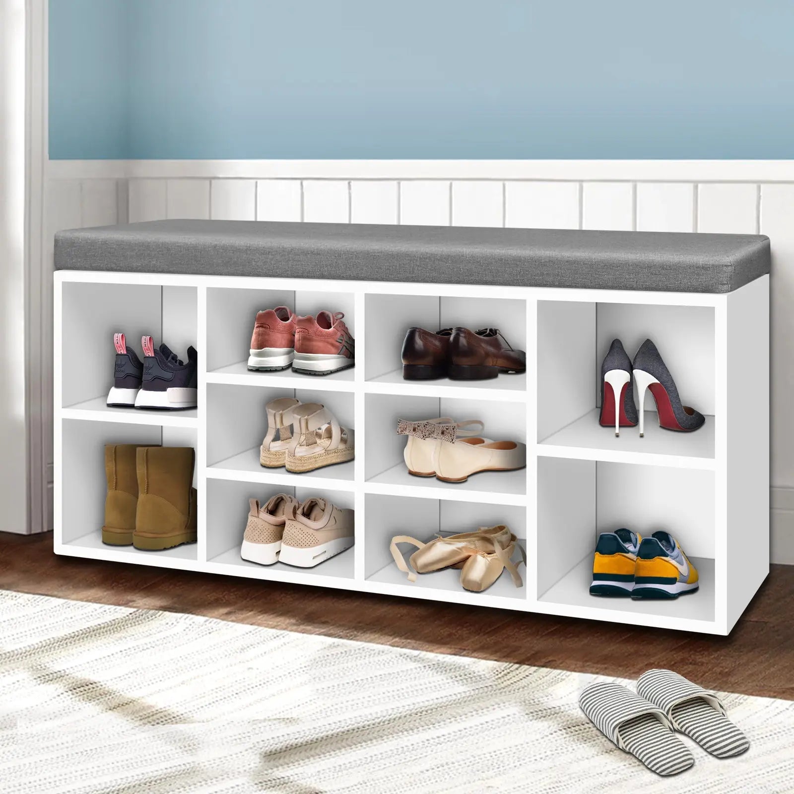 Modern Australian entryway featuring organized shoe storage bench with family footwear neatly stored and stylish home décor