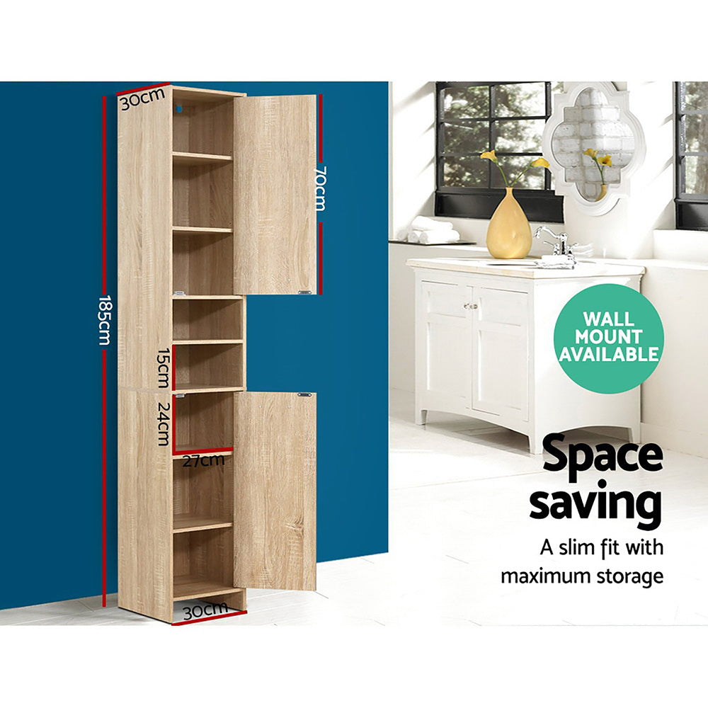 Artiss 185cm Tall Bathroom Cabinet – Wooden Storage Cupboard with 8 Tiers, Oak Finish