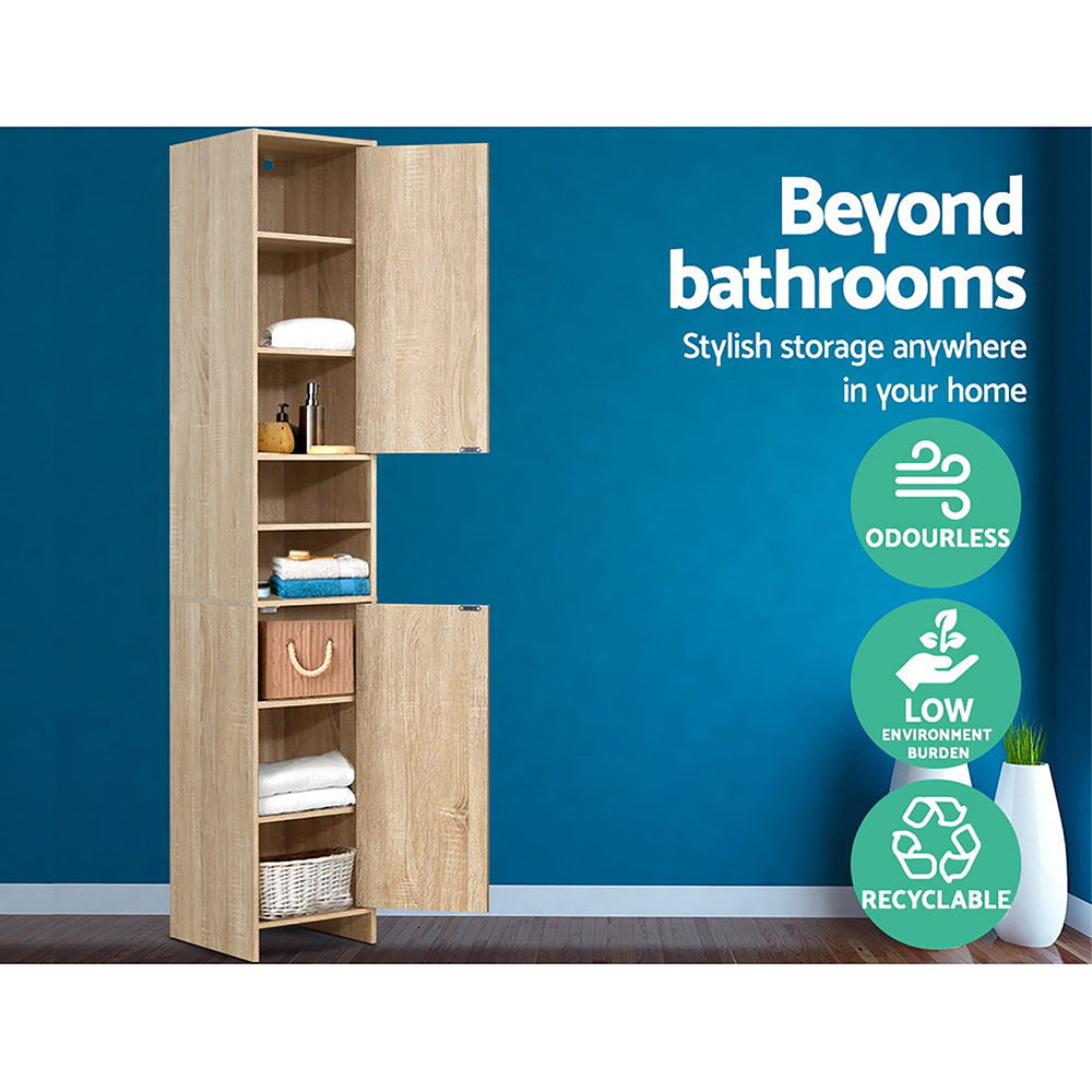 Artiss 185cm Tall Bathroom Cabinet – Wooden Storage Cupboard with 8 Tiers, Oak Finish