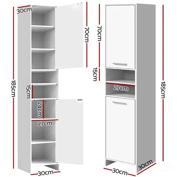 185cm Tall Bathroom Storage Cabinet – Slimline 8-Tier Cupboard (Oak & White)