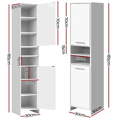 185cm Tall Bathroom Storage Cabinet – Slimline 8-Tier Cupboard (Oak & White)