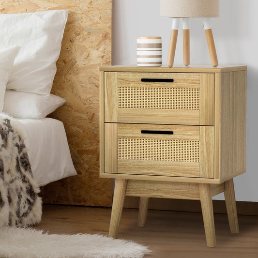 Artiss Rattan Bedside Table with 2 Drawers & Shelf – Natural Wood Look | Boho Coastal Bedroom Furniture
