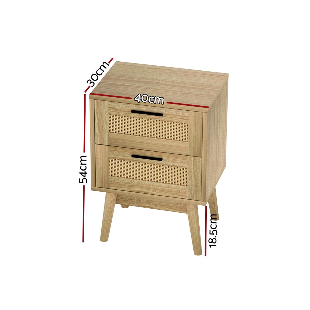 Artiss Rattan Bedside Table with 2 Drawers & Shelf – Natural Wood Look | Boho Coastal Bedroom Furniture