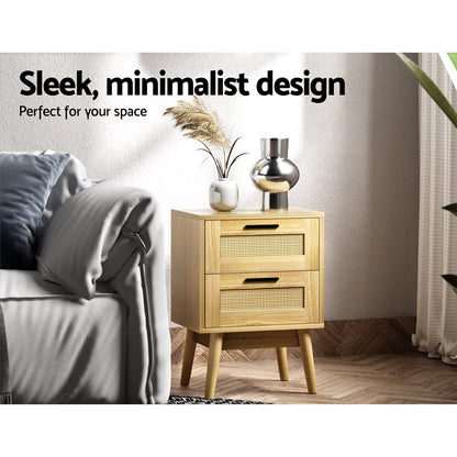 Artiss Rattan Bedside Table with 2 Drawers & Shelf – Natural Wood Look | Boho Coastal Bedroom Furniture