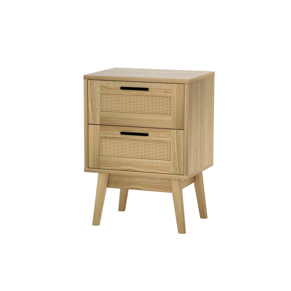 Artiss Rattan Bedside Table with 2 Drawers & Shelf – Natural Wood Look | Boho Coastal Bedroom Furniture