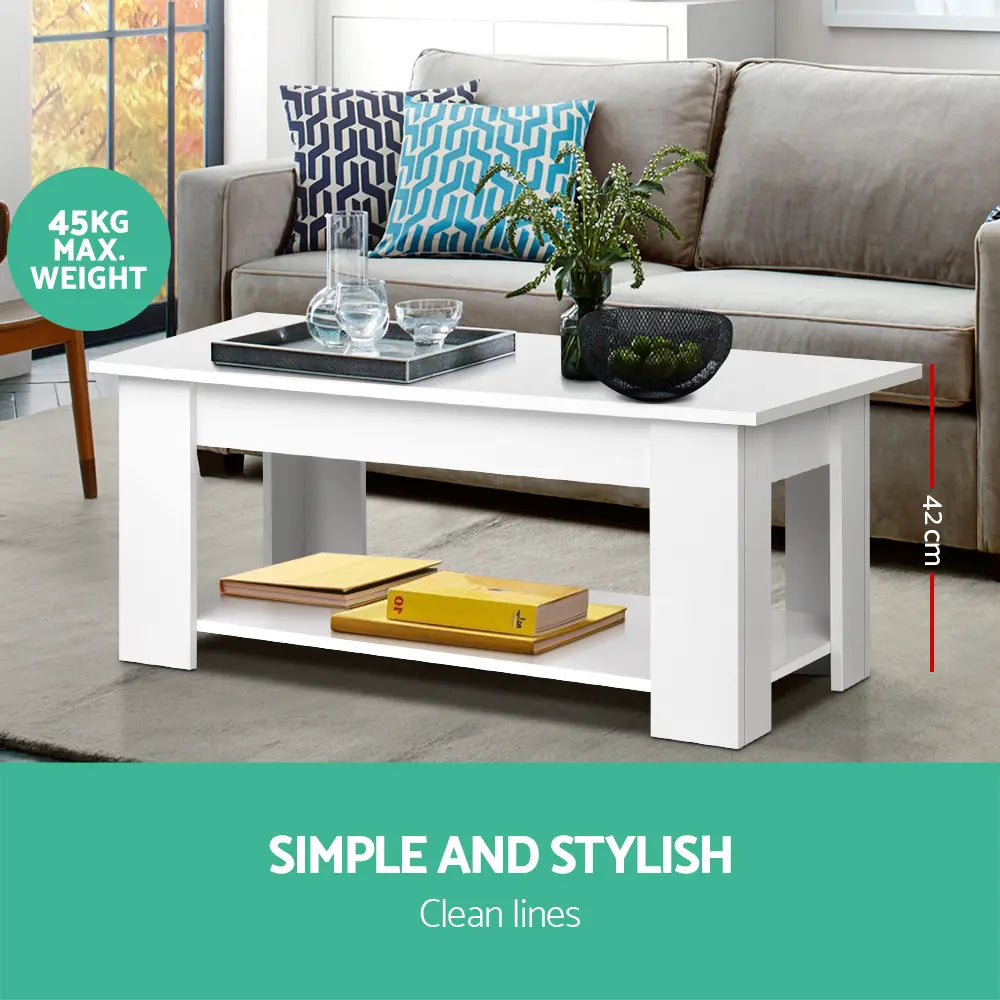 Stylish white coffee table in closed position beside modern sofa showing elegant design and compact footprint in Australian home