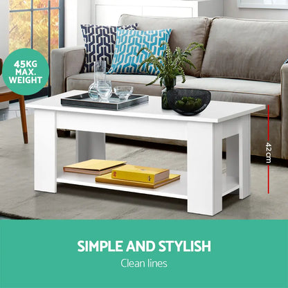 Stylish white coffee table in closed position beside modern sofa showing elegant design and compact footprint in Australian home