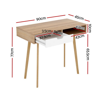 Artiss Oak Computer Desk – Compact 90cm Workstation with Drawer & Storage Shelf