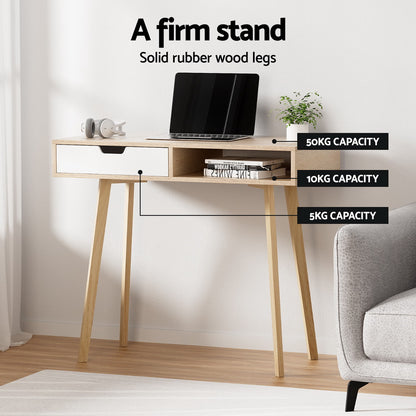 Artiss Oak Computer Desk – Compact 90cm Workstation with Drawer & Storage Shelf
