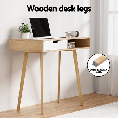 Artiss Oak Computer Desk – Compact 90cm Workstation with Drawer & Storage Shelf