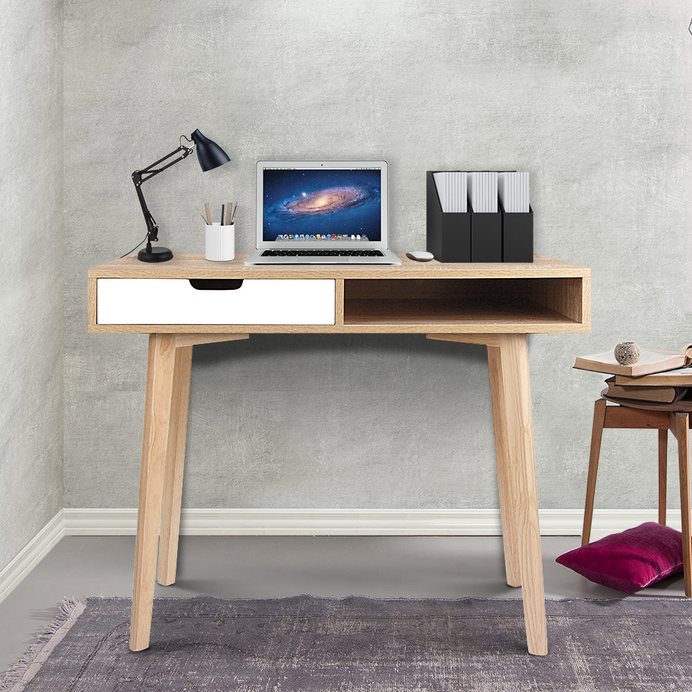 Artiss Oak Computer Desk – Compact 90cm Workstation with Drawer & Storage Shelf