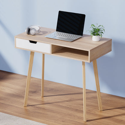 Artiss Oak Computer Desk – Compact 90cm Workstation with Drawer & Storage Shelf