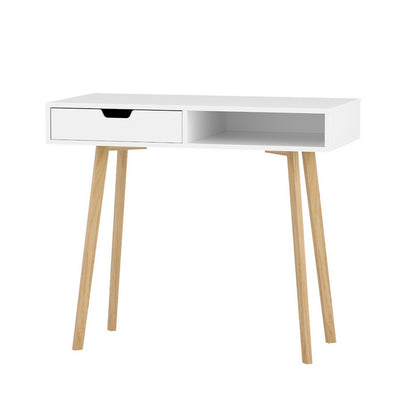 Artiss White & Oak Computer Desk – 90CM with Drawer & Shelf | Scandinavian Style