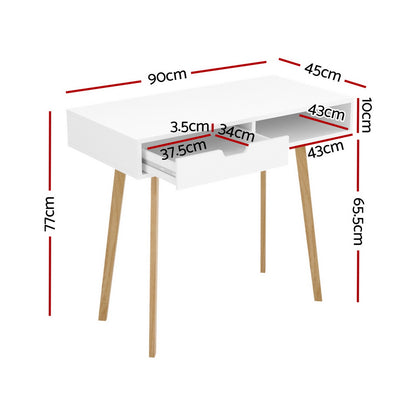 Artiss White & Oak Computer Desk – 90CM with Drawer & Shelf | Scandinavian Style