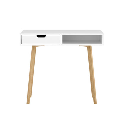 Artiss White & Oak Computer Desk – 90CM with Drawer & Shelf | Scandinavian Style