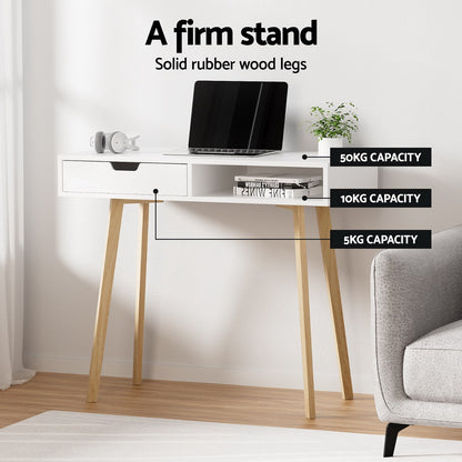 Artiss White & Oak Computer Desk – 90CM with Drawer & Shelf | Scandinavian Style