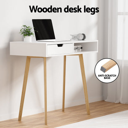Artiss White & Oak Computer Desk – 90CM with Drawer & Shelf | Scandinavian Style